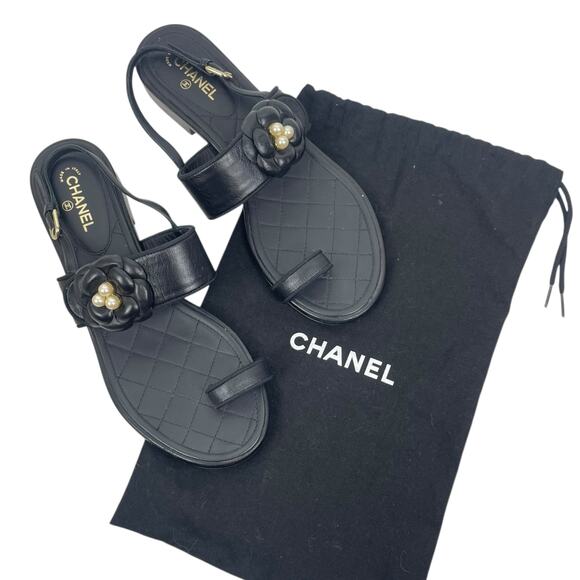 Chanel Camellia Pearl Logo Toe Ring Slingback Flat Sandal Black Size 37.5 - Picture 12 of 13